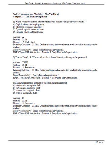 Seeley's Anatomy and Physiology, 12th Edition VanPutte TEST BANK