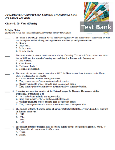 Fundamentals of Nursing Care Concepts Connections and Skills 3rd Edition TEST