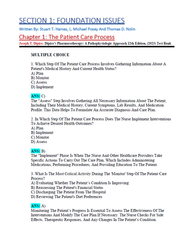 DiPiro's Pharmacotherapy A Pathophysiologic Approach 12th Edition Test Bank