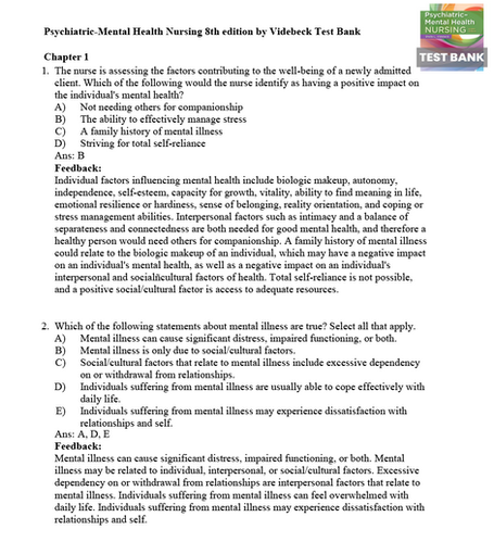 Psychiatric Mental Health Nursing 8th Edition Videbeck TEST BANK