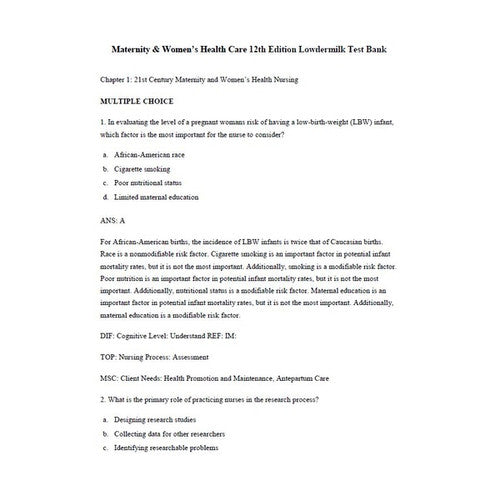 Maternity & Women's Health Care 12th Edition TEST BANK
