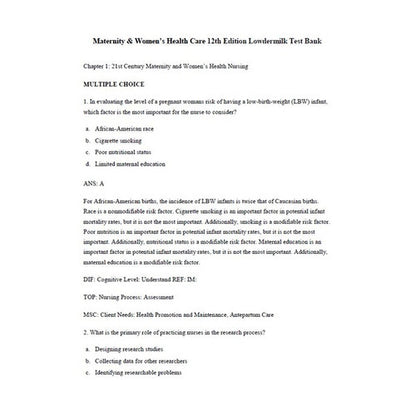 Maternity & Women's Health Care 12th Edition TEST BANK