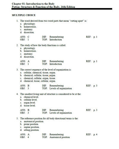 Structure and Function of the Body 16th Edition Patton TEST BANK