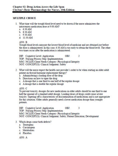 Clayton’s Basic Pharmacology for Nurses 20th Edition Test Bank