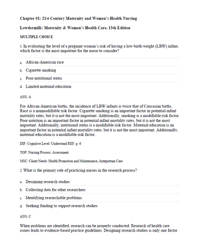 Maternity and Women's Health Care 13th Edition TEST BANK