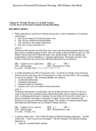 Success in Practical Vocational Nursing 10th Edition Carrol Collier  TEST BANK