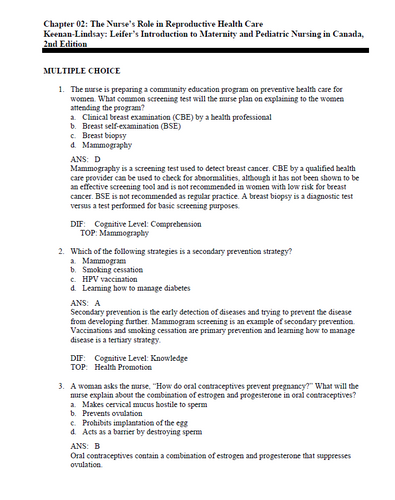 Leifers Introduction to Maternity and Pediatric Nursing in Canada 2e Test Bank