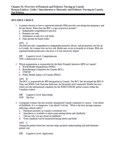 Leifers Introduction to Maternity and Pediatric Nursing in Canada 2e Test Bank