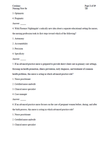Nursing Now Today's Issues, Tomorrows Trends 8th Edition TEST BANK