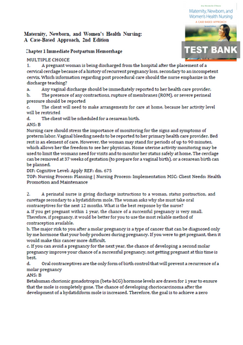 Maternity Newborn and Women’s Health Nursing A Case-Based Approach 2e Test Bank