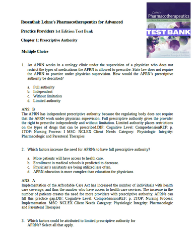 Lehnes Pharmacotherapeutics for Advanced Practice Providers Rosenthal Test Bank