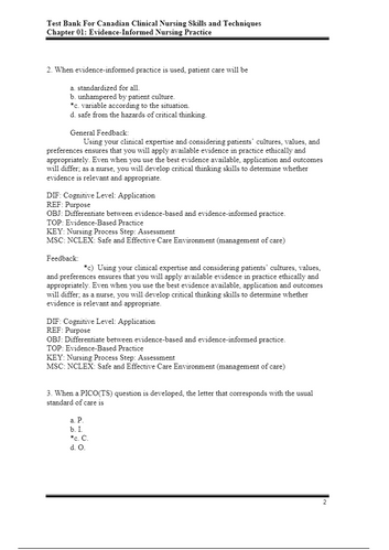 Canadian Clinical Nursing Skills and Techniques 1st Edition Test Bank