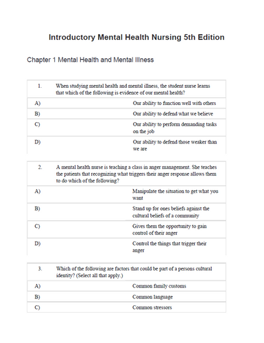 Introductory Mental Health Nursing 5th Edition TEST BANK 9781975211240