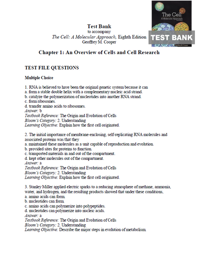 The Cell A Molecular Approach 8th Edition TEST BANK