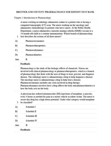 Brenner and Stevens Pharmacology 6th Edition Test Bank