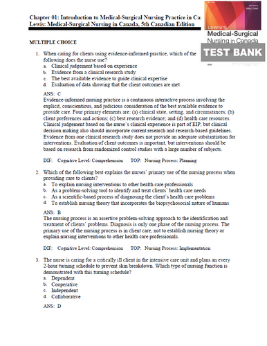 Lewis Medical Surgical Nursing in Canada 5th Edition Test Bank