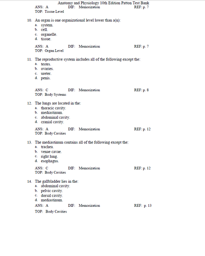 Anatomy and Physiology 10th Edition Patton TEST BANK