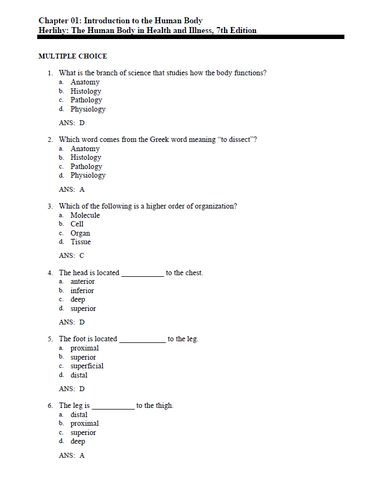 The Human Body in Health and Illness 7th Edition Test Bank