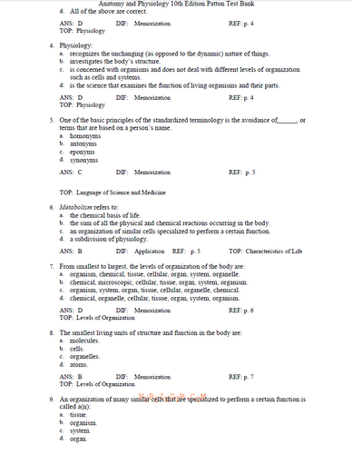 Anatomy and Physiology 10th Edition Patton TEST BANK