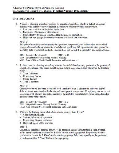 Wong's Essentials of Pediatric Nursing 10th Edition TEST BANK