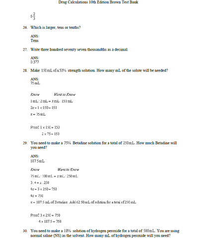 Drug Calculations 10th Edition Brown TEST BANK