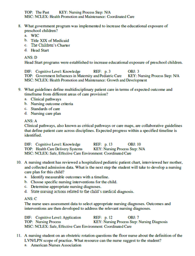 Introduction To Maternity and Pediatric Nursing 9th Edition Leifer TEST BANK