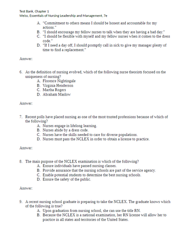 Essentials of Nursing Leadership and Management 7th Edition Test Bank