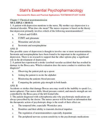 Stahl's Essential Psychopharmacology 4th Edition TEST BANK