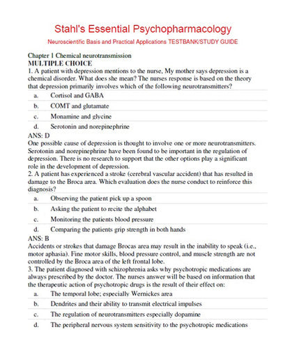Stahl's Essential Psychopharmacology 4th Edition TEST BANK