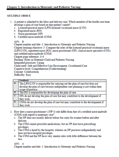 Safe Maternity and Pediatric Nursing Care 3rd Edition Test Bank