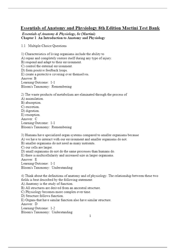 Essentials of Anatomy and Physiology 8th Edition Martini TEST BANK