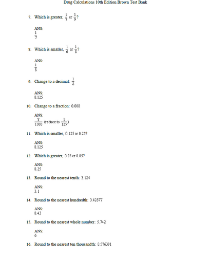 Drug Calculations 10th Edition Brown TEST BANK