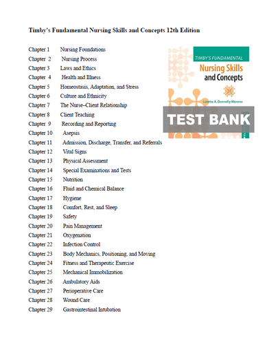 Timby's Fundamental Nursing Skills and Concepts 12th Edition Test Bank