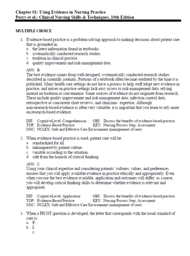 Clinical Nursing Skills and Techniques 10th Edition Perry Potter TEST BANK