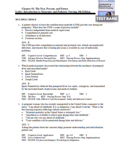 Introduction To Maternity and Pediatric Nursing 8th Edition Leifer TEST BANK