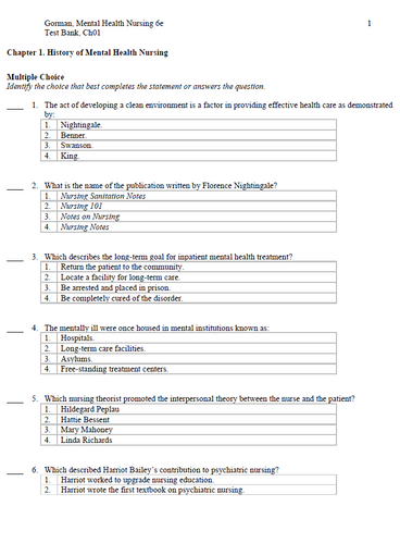 Mental Health Nursing 6th Edition Gorman TEST BANK