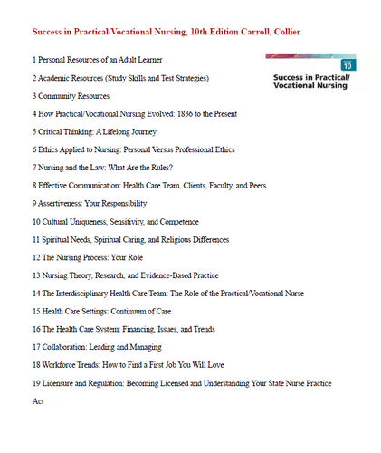 Success in Practical Vocational Nursing 10th Edition Carrol Collier  TEST BANK