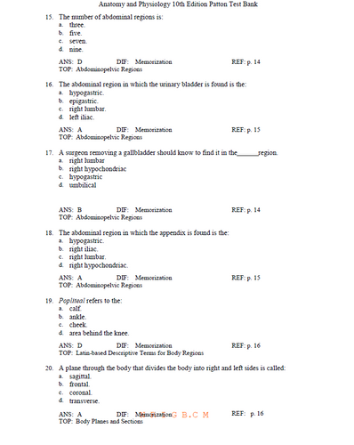 Anatomy and Physiology 10th Edition Patton TEST BANK