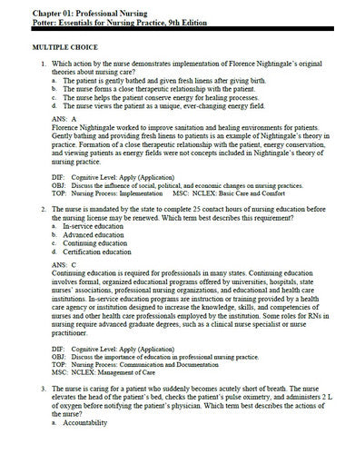 Essentials for Nursing Practice 9th Edition Potter Perry TEST BANK