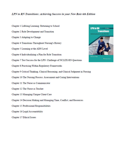 LPN to RN Transitions Achieving Success in your New Role 6th Edition Test Bank