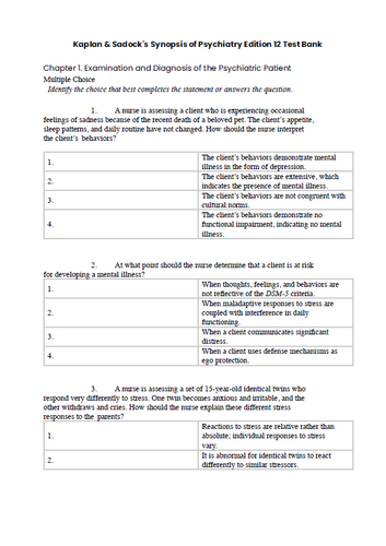 Kaplan and Sadock's Synopsis of Psychiatry 12th Edition TEST BANK