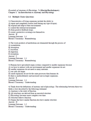Essentials of Anatomy and Physiology 7th Edition Martini TEST BANK