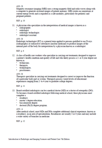 Introduction to Radiologic and Imaging Sciences and Patient Care 7e Test Bank