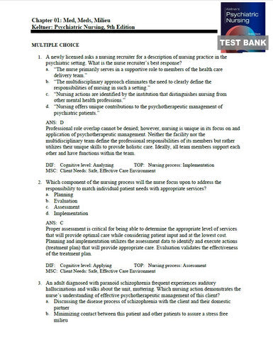 Keltners Psychiatric Nursing 9th Edition TEST BANK