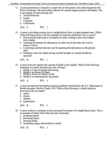 Fundamentals of Nursing 10th Edition Taylor - Test Bank
