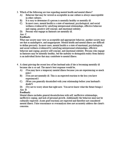 Psychiatric-Mental Health Nursing 10th Edition Videbeck Test Bank