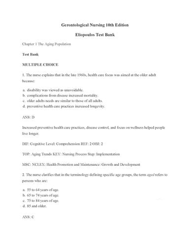 Gerontological Nursing 10th Edition Eliopoulos TEST BANK