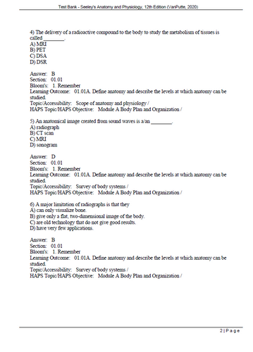 Seeley's Anatomy and Physiology, 12th Edition VanPutte TEST BANK